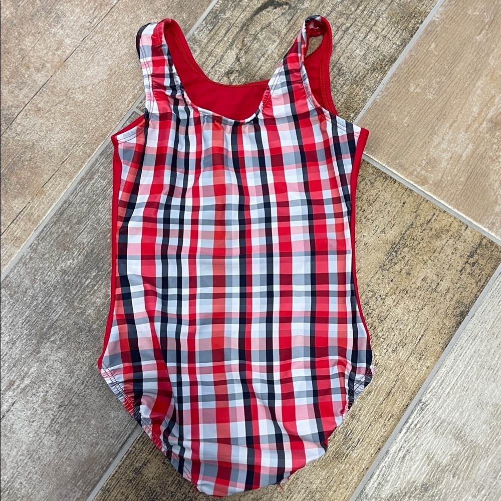 K-Bee Red Plaid Gymnastics Leotard Leo Size 9/10 - Picture 2 of 5